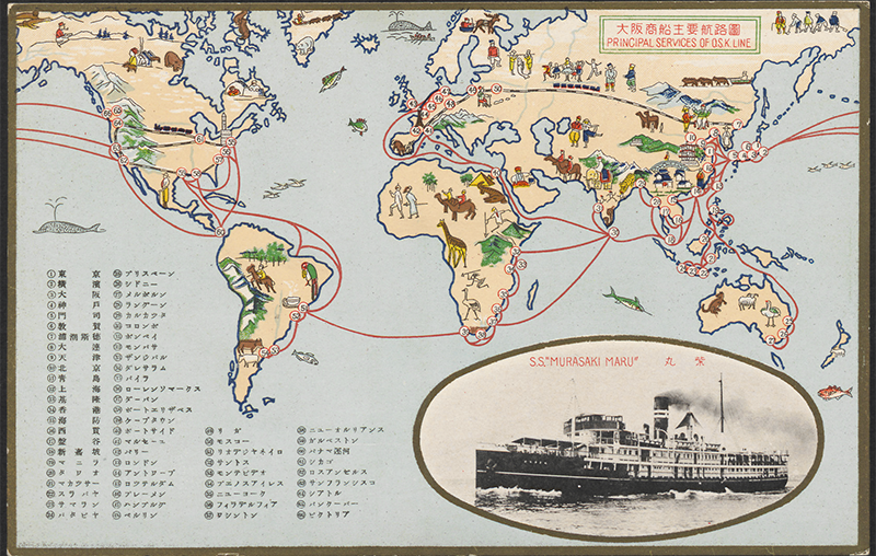 A postcard showing the shipping routes of Osaka Shosen Kaisha. Singapore appears as point no. 18 on the map. (From National Library Singapore, call no. RRARE 952.03 LSB-[LSB]. Donated by Lim Shao Bin).
